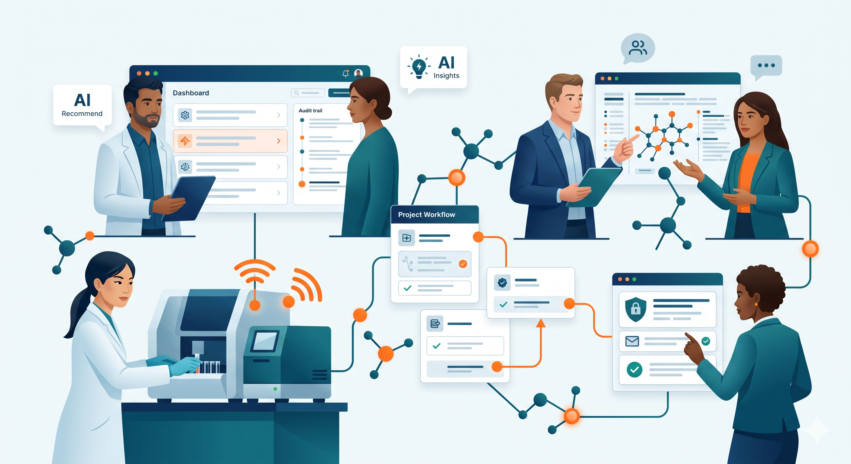 Illustration of a team analyzing research data and project dashboards